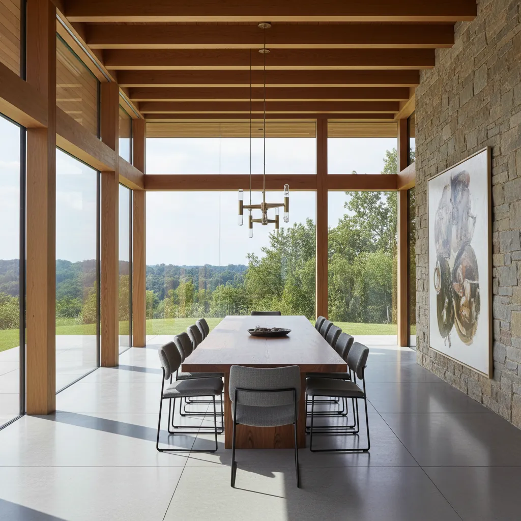 Modern dining room with long wooden table, gray chairs, stone wall, and windows viewing forest
