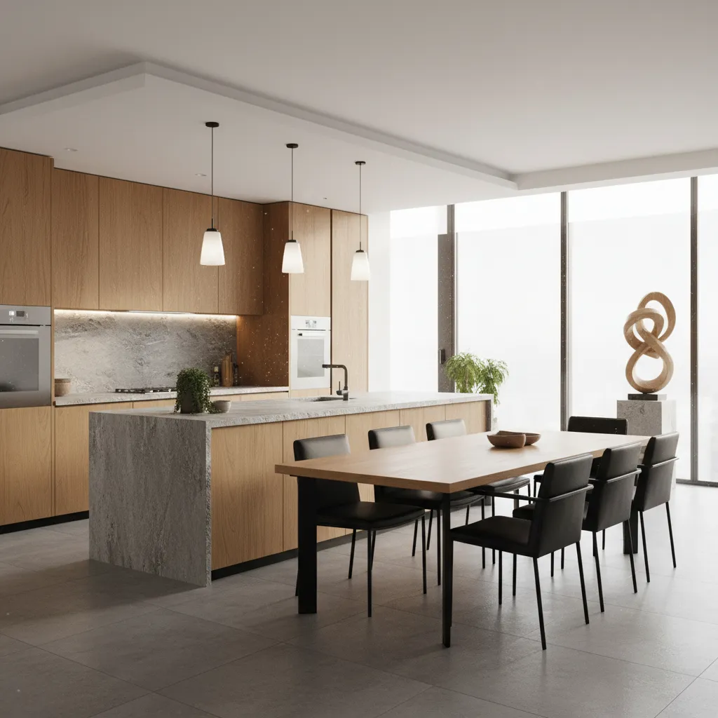 Comedor integrado visualmente con una cocina moderna abierta