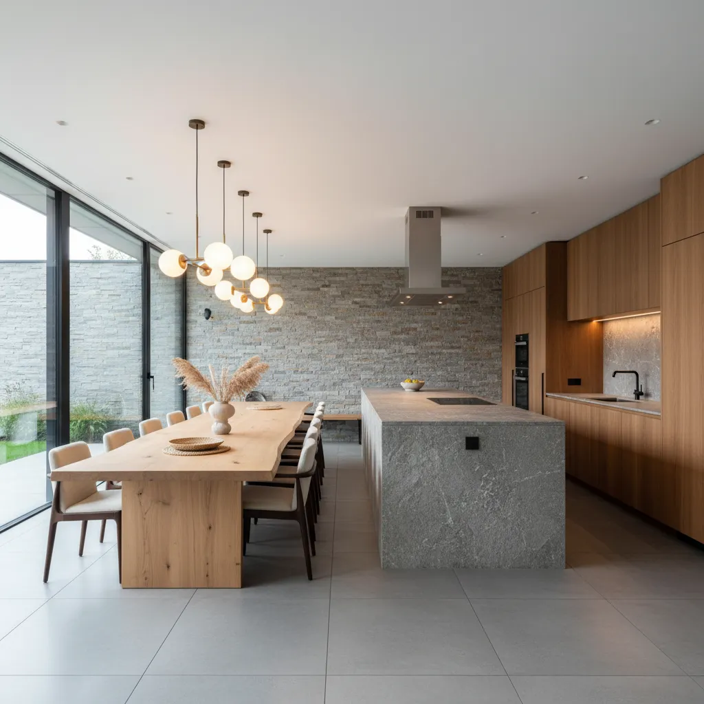 Open kitchen and dining room with wood table, stone island, wood cabinets, and ceiling lights