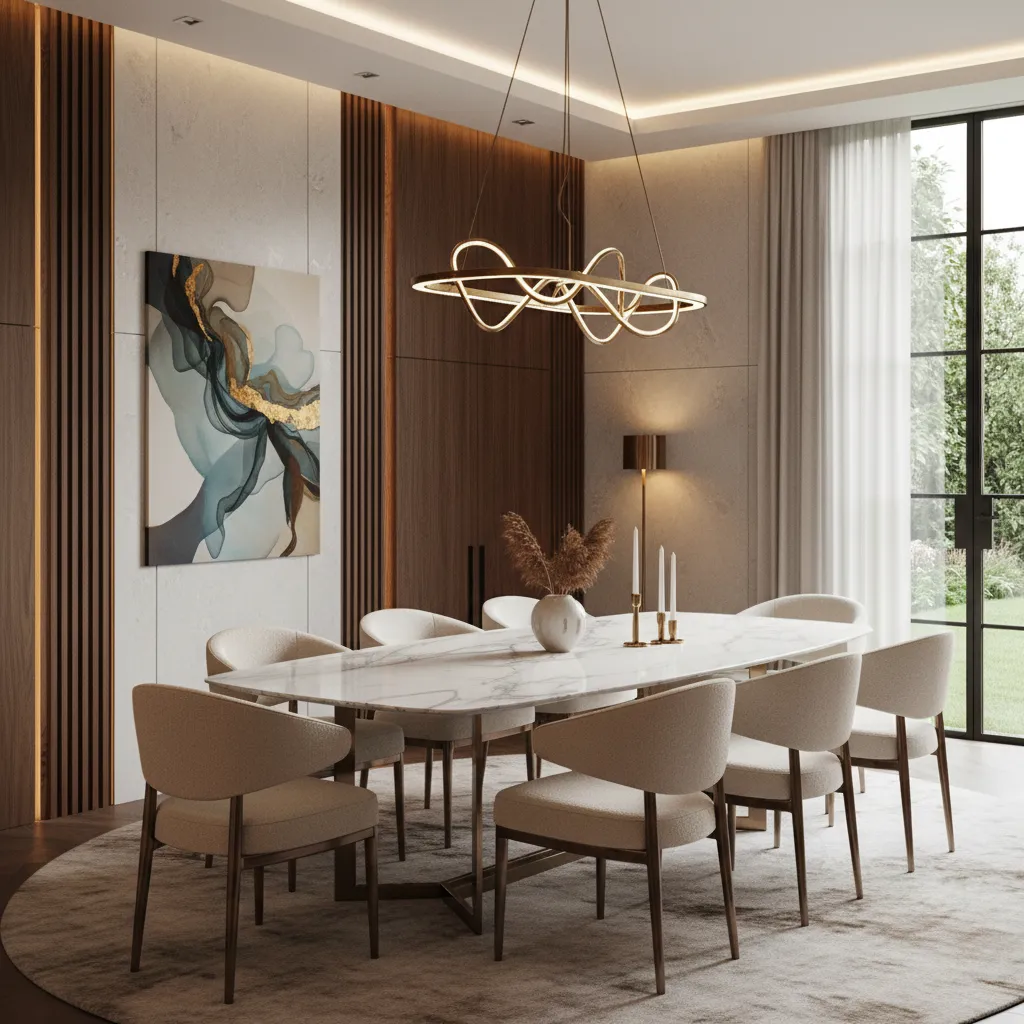 Comedor elegante con mesa de mármol y sillas de diseño