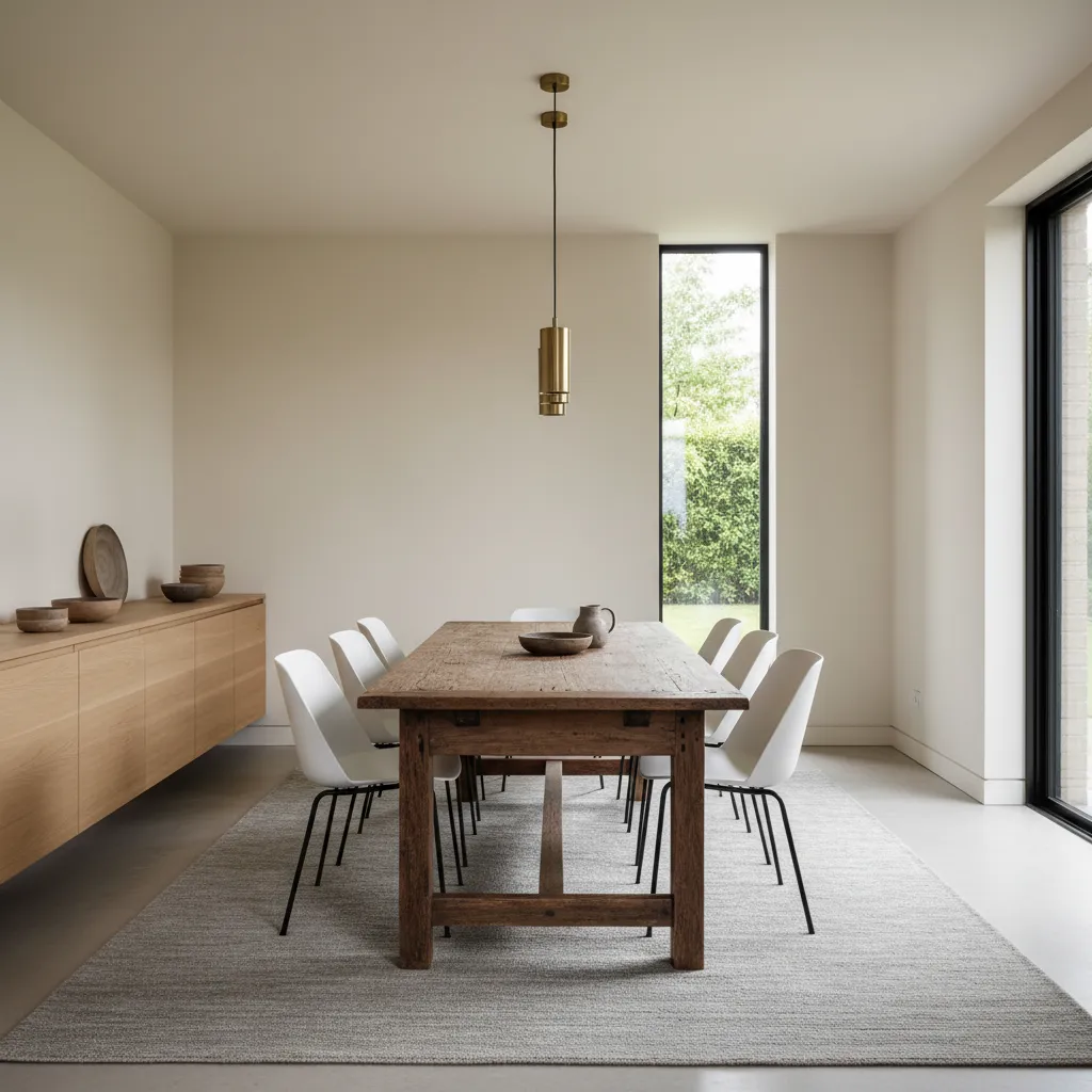 Long wooden dining table with white chairs on grey rug under a gold ceiling light