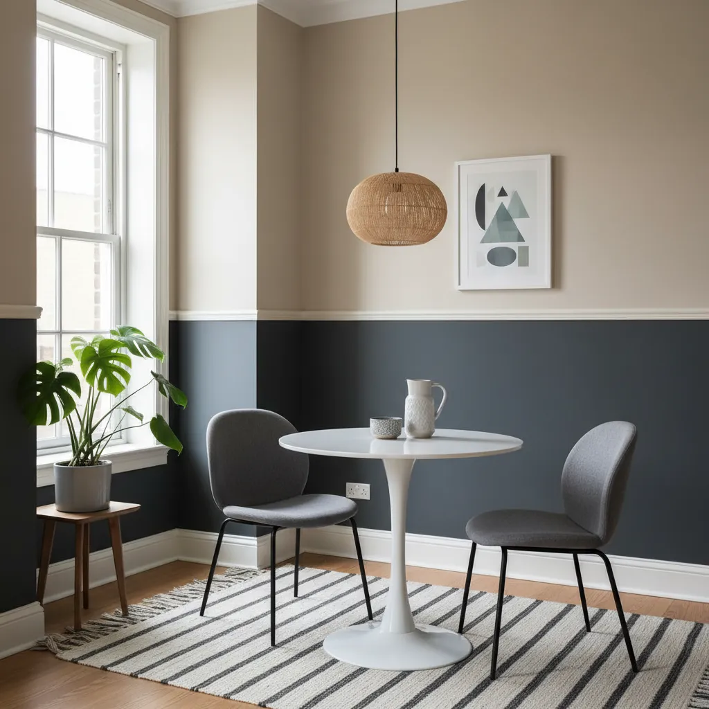 Small dining area featuring white round table, grey chairs, striped rug, and blue wall panels