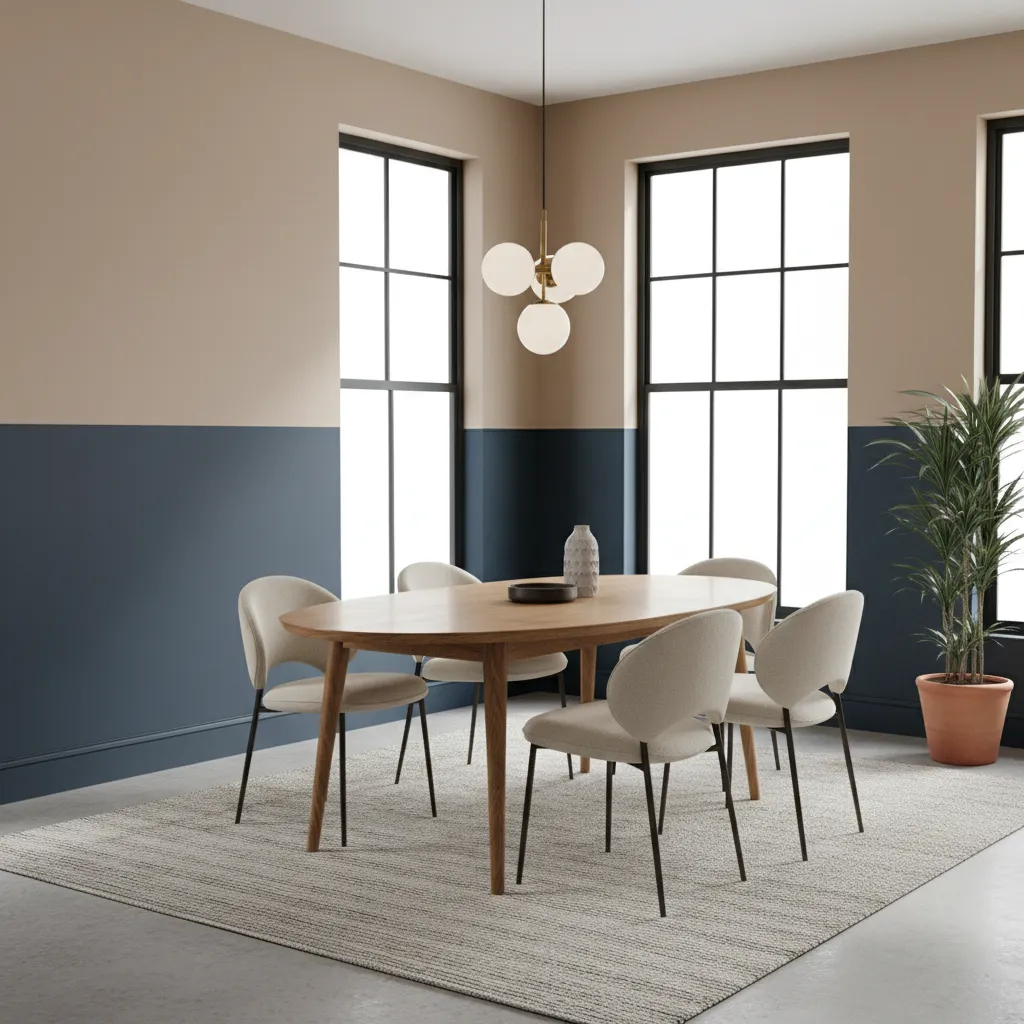Modern dining room with oval wooden table beige chairs navy blue and tan painted walls