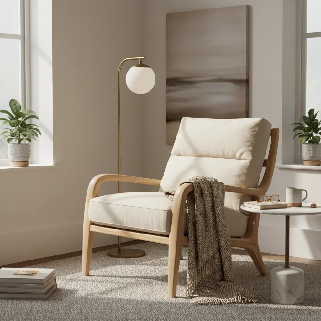 Comfortable accent chair in a cozy living room reading corner
