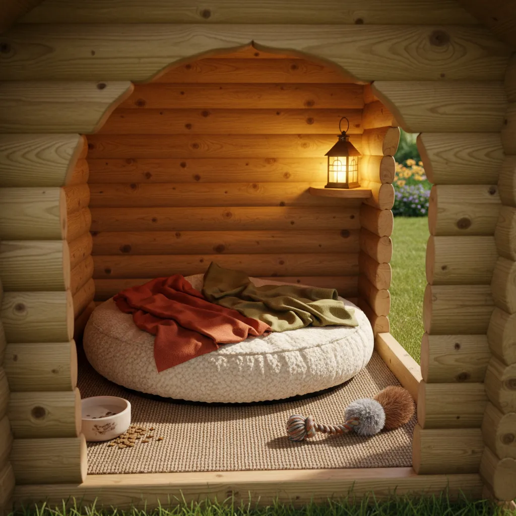 Interior cómodo de una casa de perro con cama