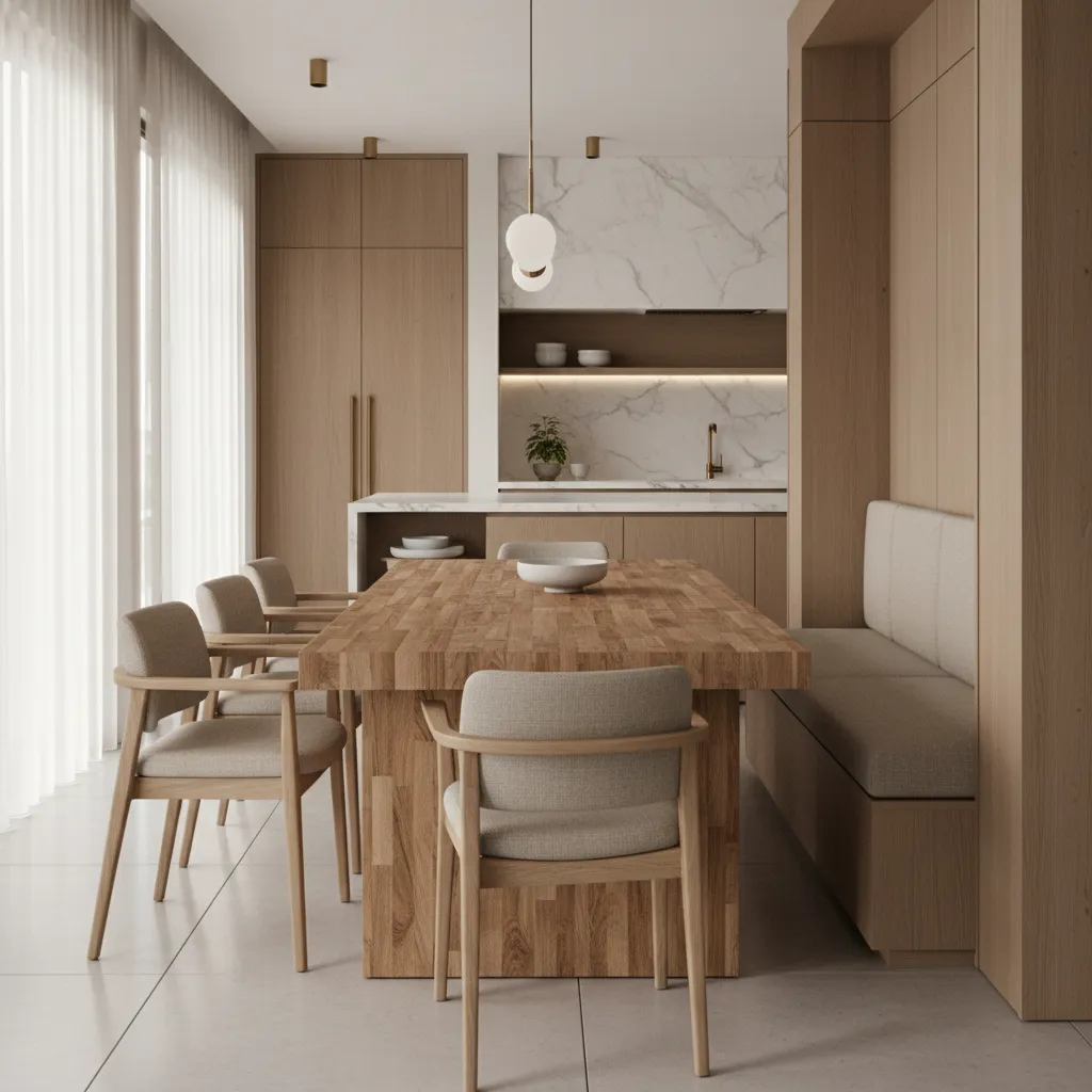 Upholstered dining chairs placed around a natural butcher block dining table