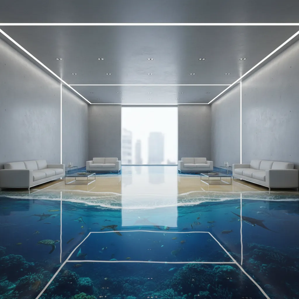 Minimalist room with white sofas, glass tables, city view window, and 3D ocean beach floor