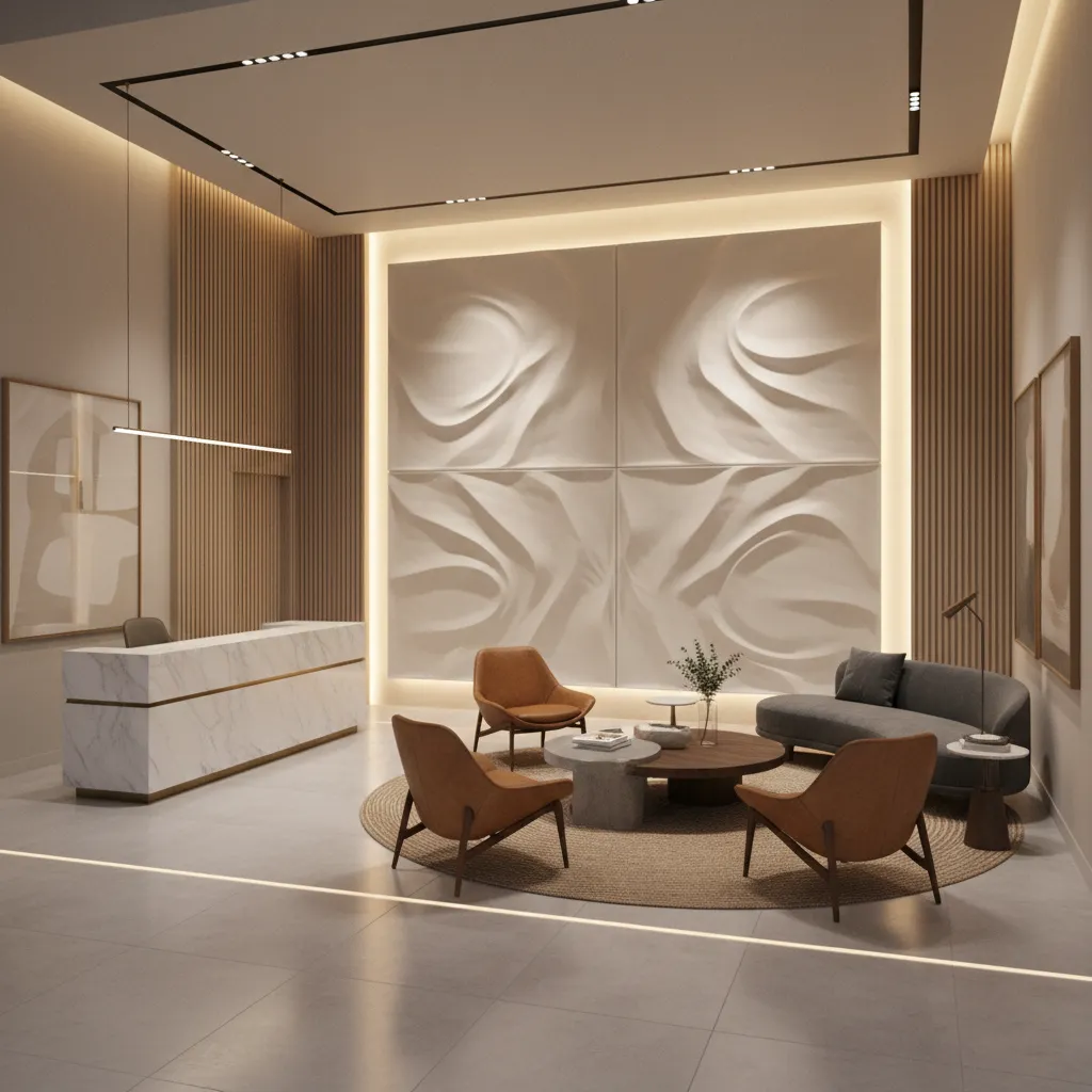 Commercial reception area with marble desk, brown chairs, grey sofa, and large 3D wall panels