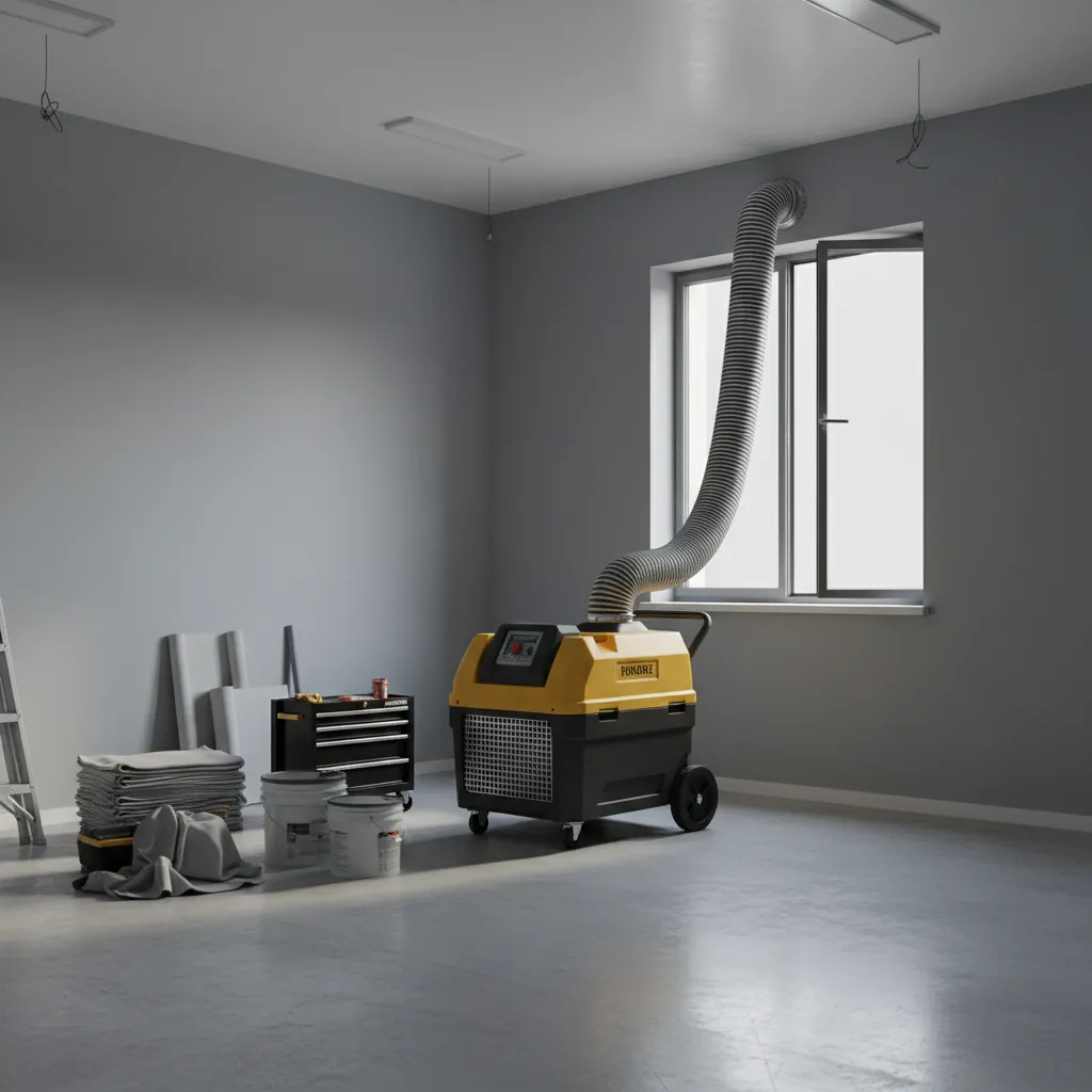 commercial air scrubber machine operating inside renovated room removing paint fumes