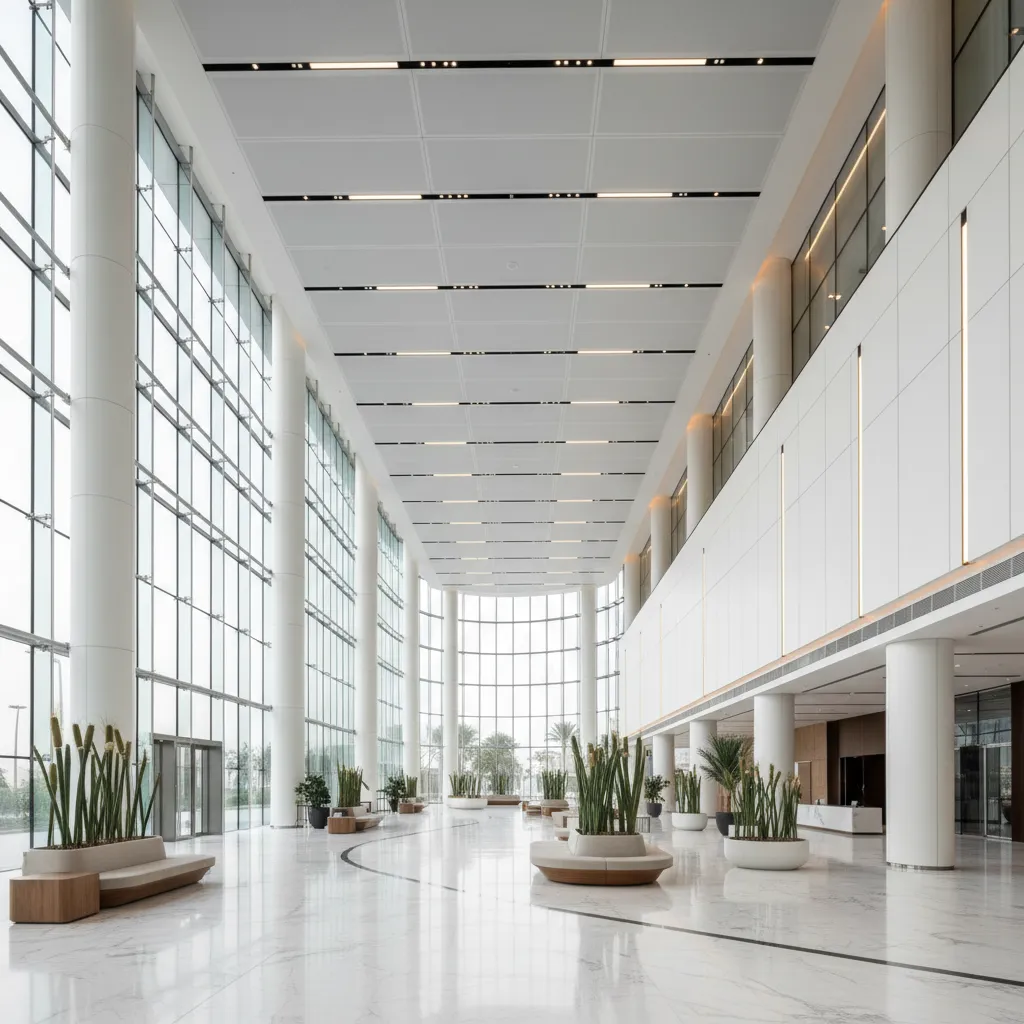 Large atrium in UAE commercial building showing layered lighting design