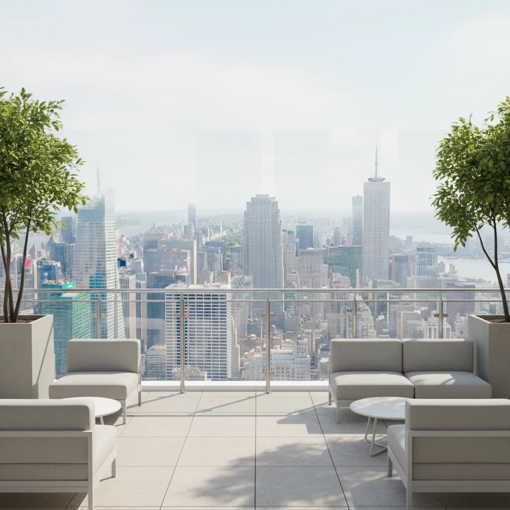 Commercial building terrace with glass panel decorative railing