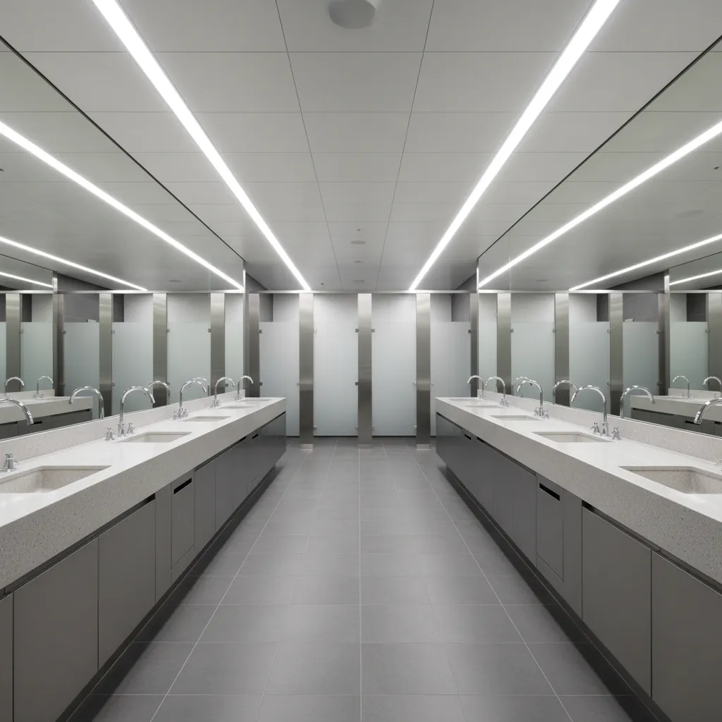 Modern commercial restroom with sensor fixtures and clean architectural layout