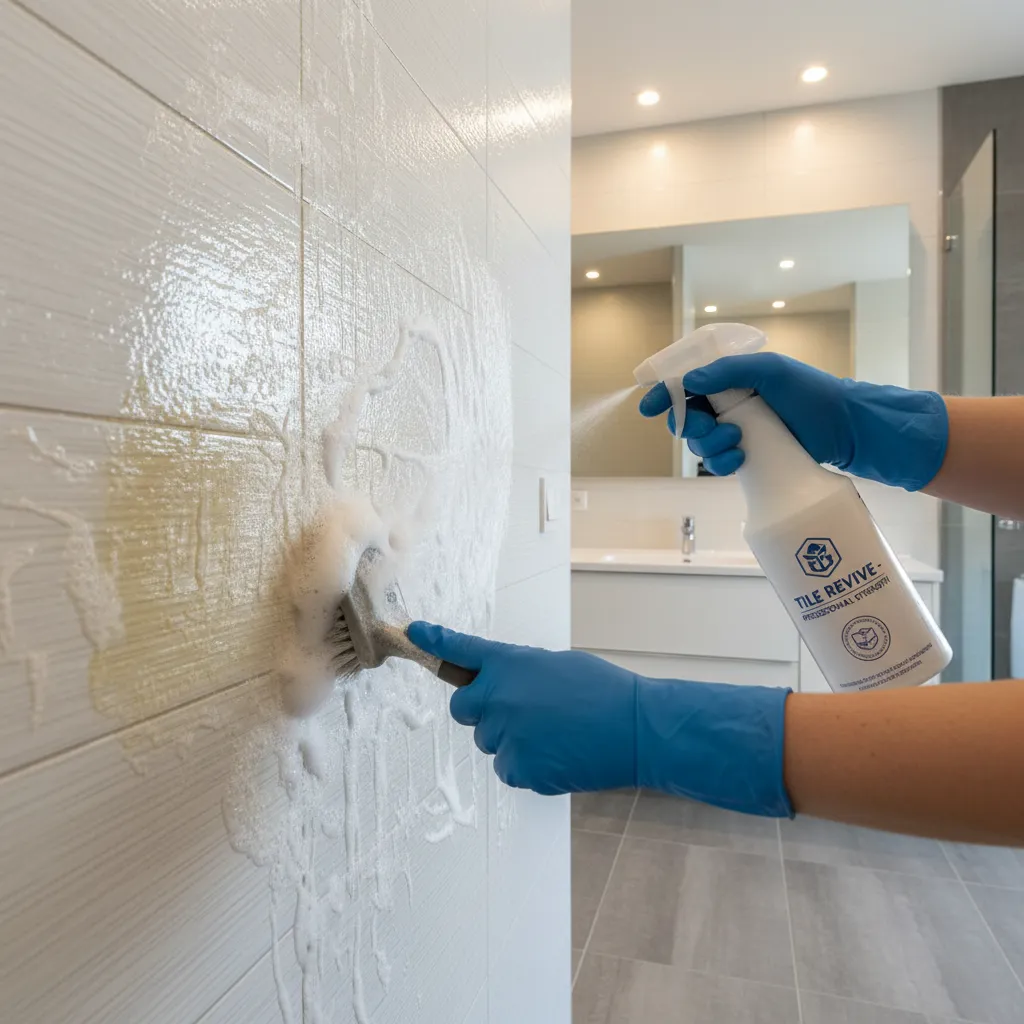 Commercial chemical cleaner being sprayed on yellow bathroom tile stains