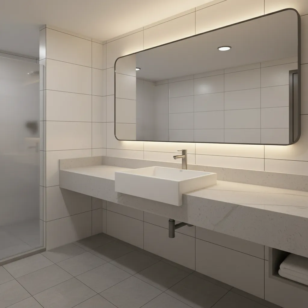 Commercial bathroom vanity layout with undermount sink