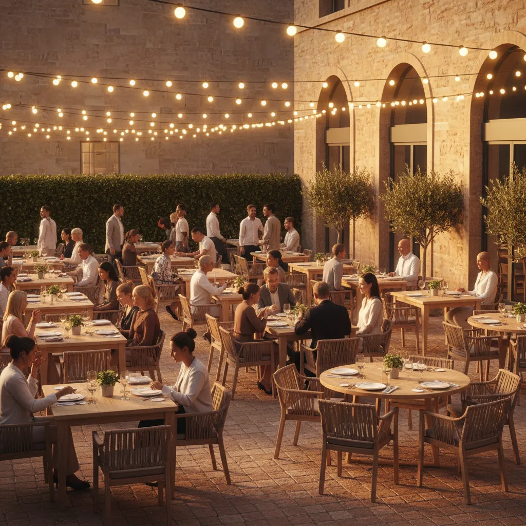 restaurant patio with overhead bistro string lights creating warm evening dining atmosphere
