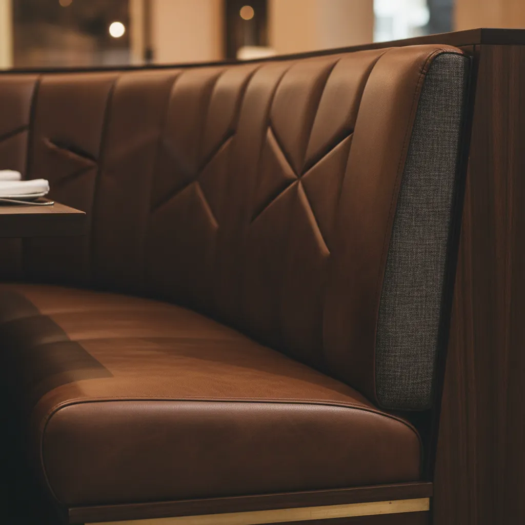 Brown leather booth seating with x-shaped stitching details beside a dark wood dining table surface