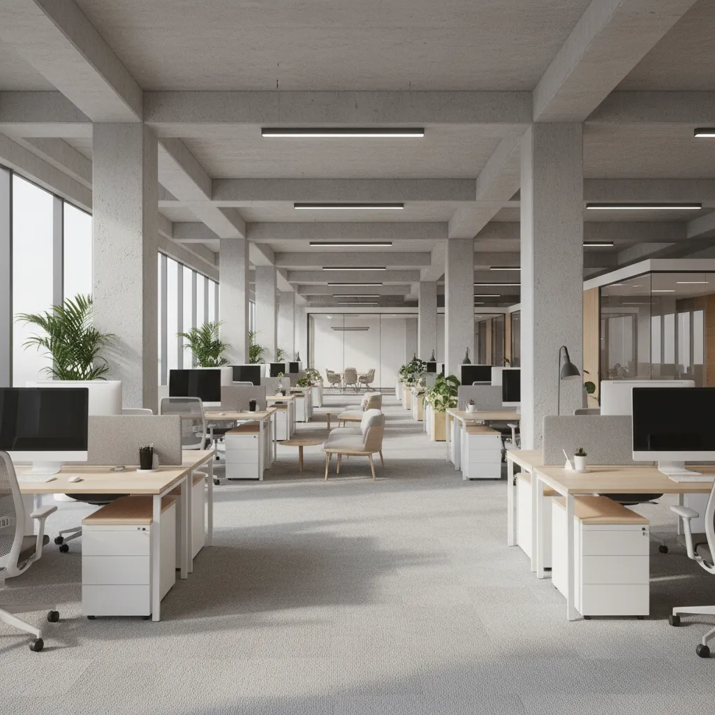 commercial office interior showing structural column grid layout
