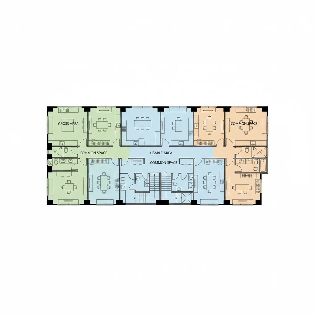 Commercial office floor plan diagram showing gross and usable floor area