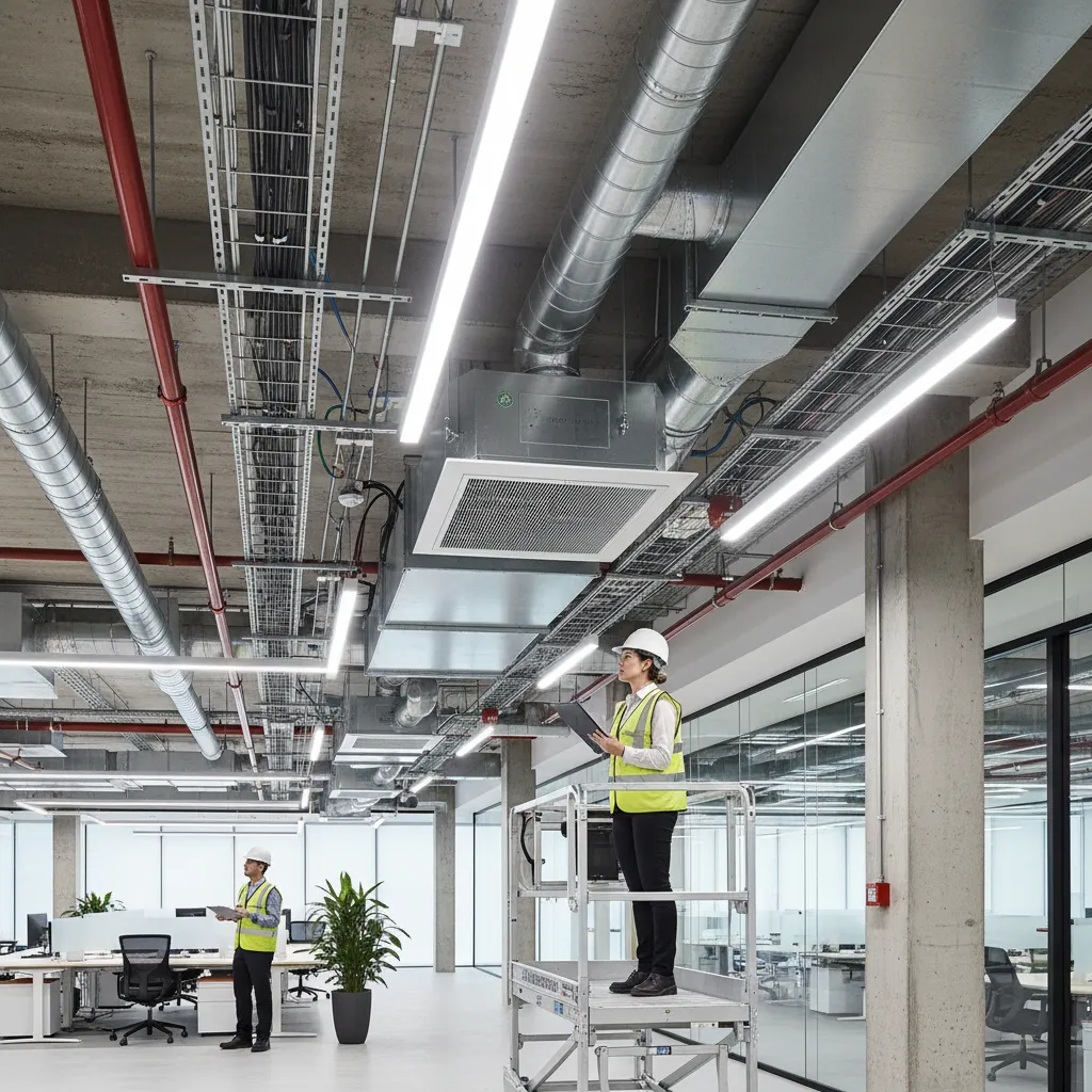 commercial building inspector evaluating office property interior systems