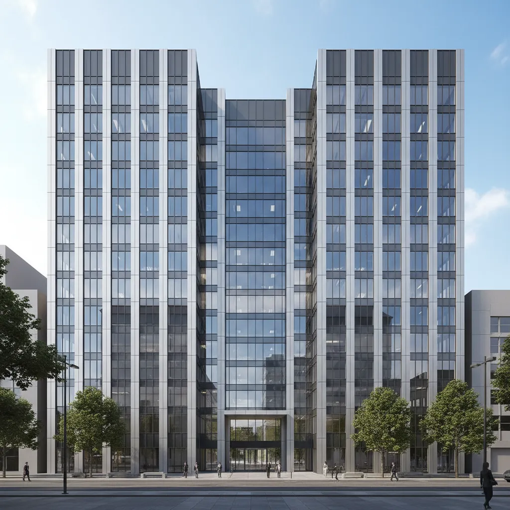 Modern commercial building with glass curtain wall and metal panel facade
