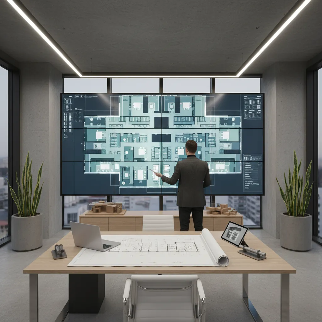 architect analyzing commercial building layout and partition quantities on digital screen