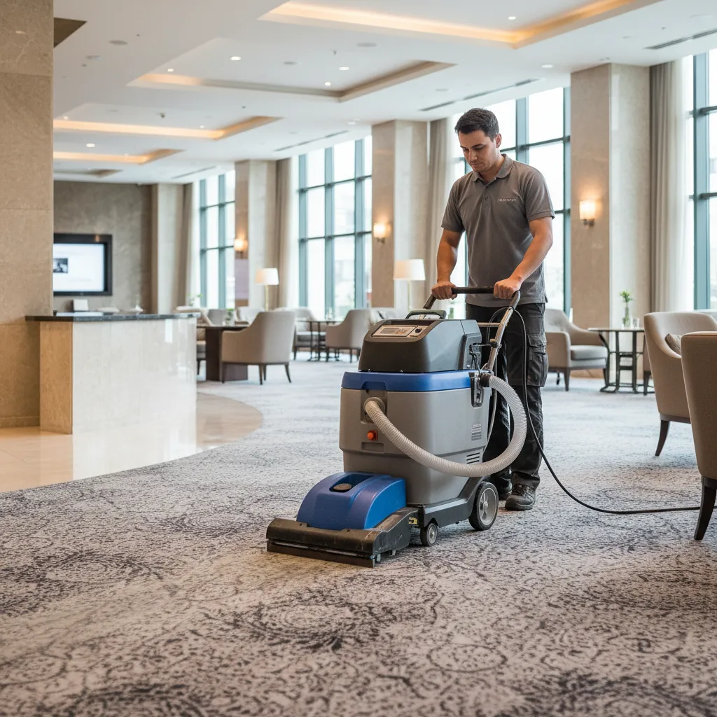 Professional carpet extraction cleaning machine used in hospitality environment