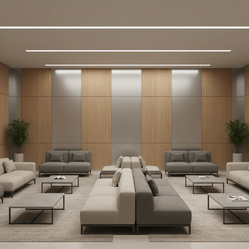 Commercial interior space with decorative wall panels and safe material finishes