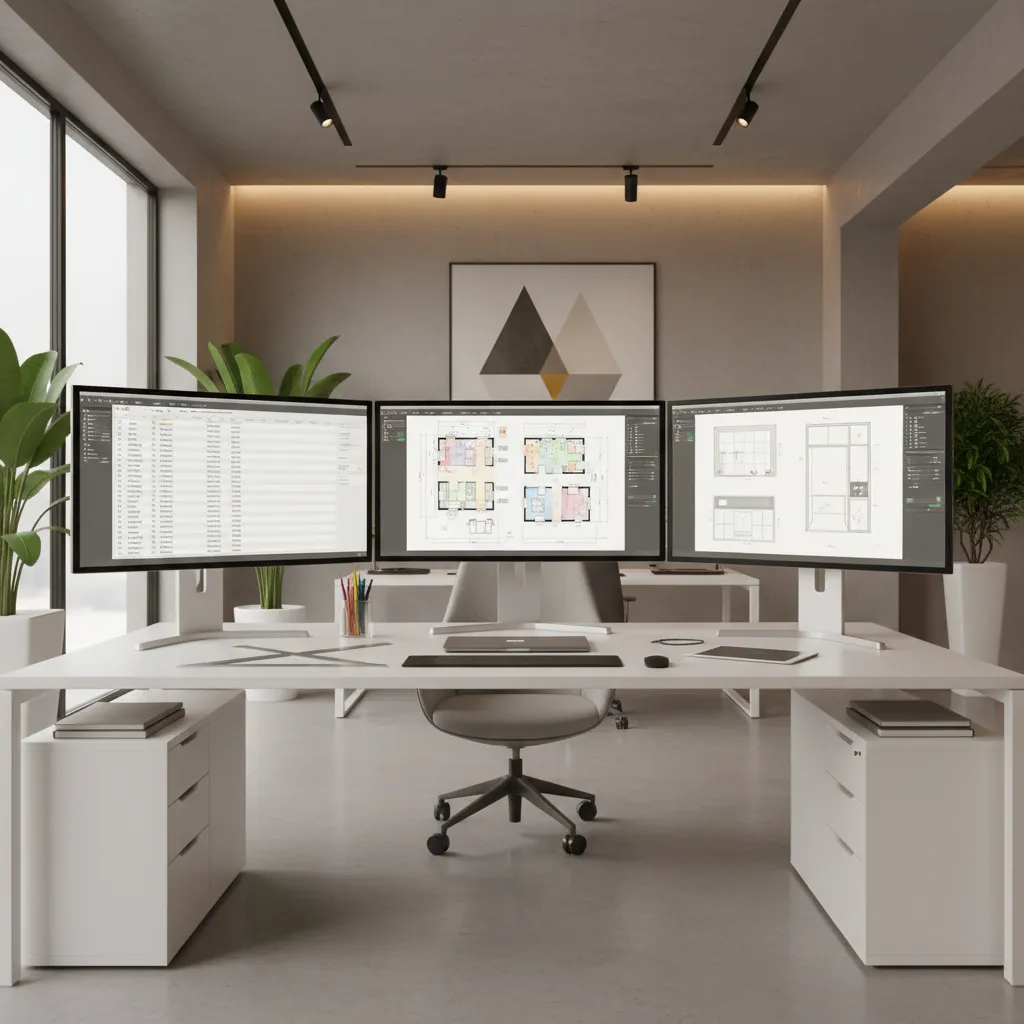Interior designer preparing commercial project documentation with digital plans