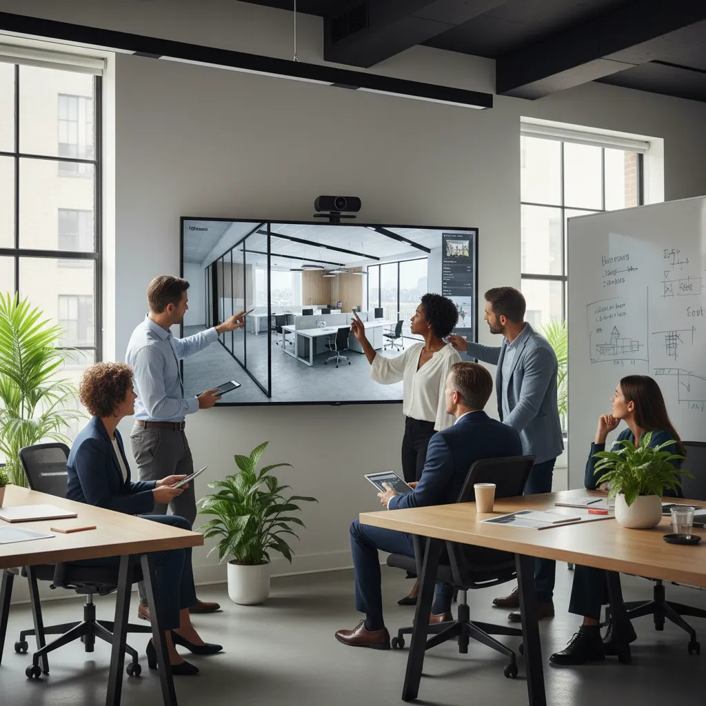 Design team reviewing digital office layout model during collaboration meeting