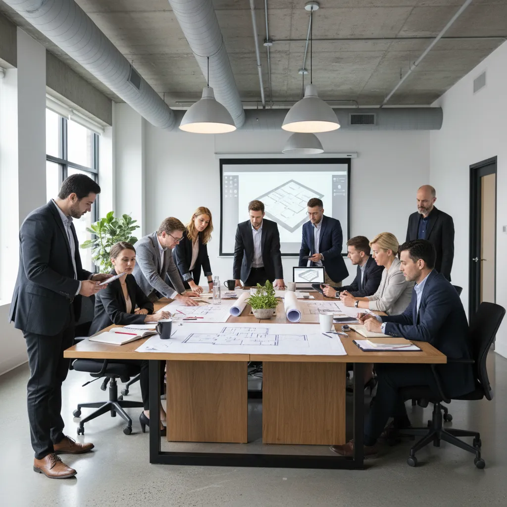 Interior design team planning commercial workspace layout with digital tools
