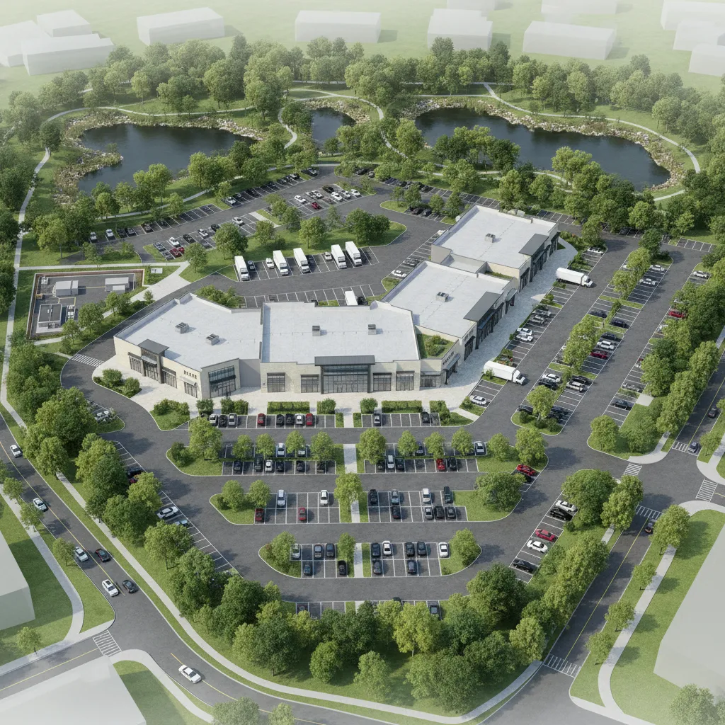 Detailed commercial development site plan showing loading zones landscaping and utilities