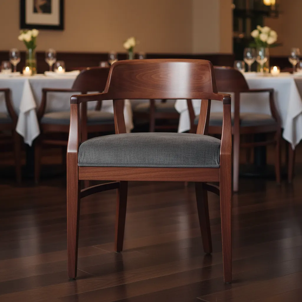 Close up of durable wooden captains chair used in restaurant dining rooms