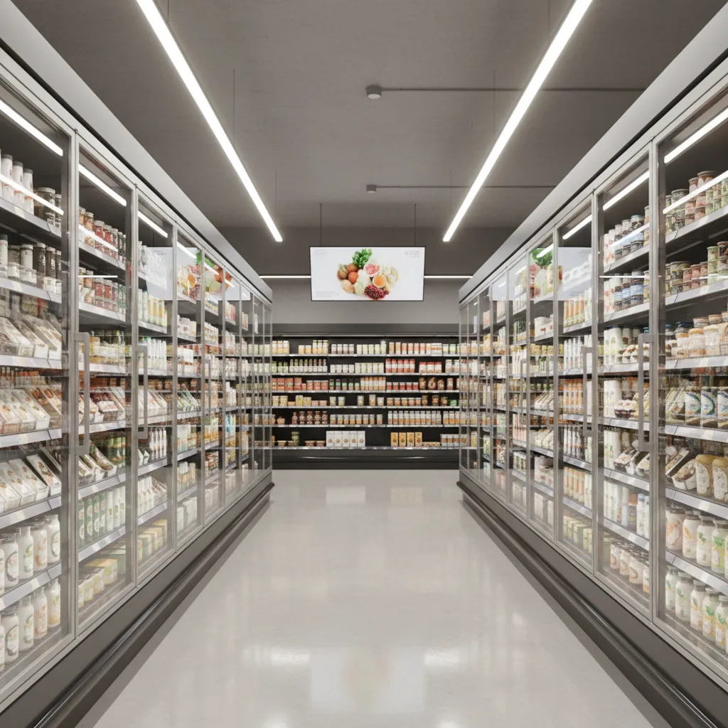 refrigerated display cabinets arranged inside a supermarket aisle