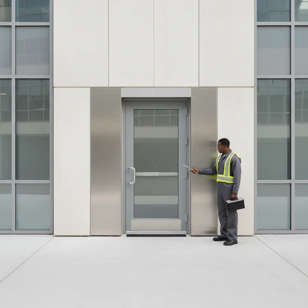 commercial office exterior door with aluminum door sweep sealing bottom