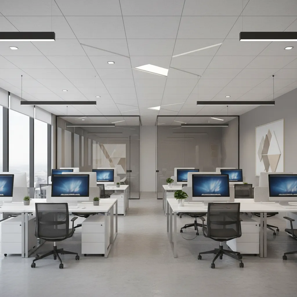office interior with suspended drop ceiling panels