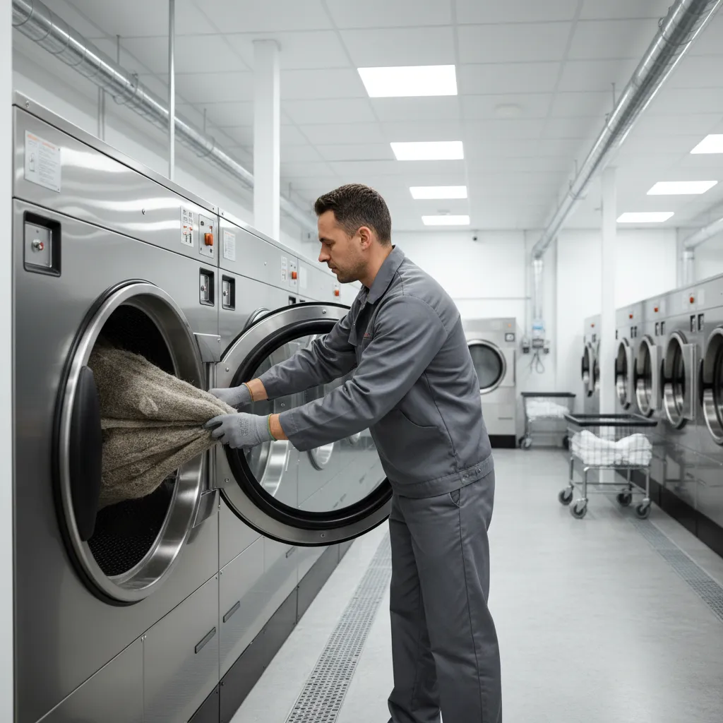 Technician removing lint from a commercial dryer trap in a laundromat
