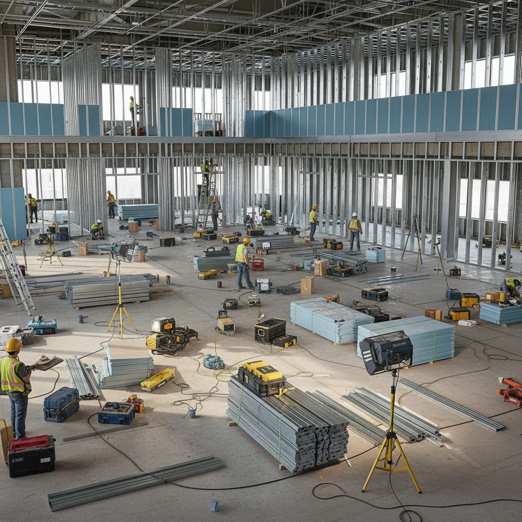 Large commercial building drywall installation with moisture resistant gypsum boards