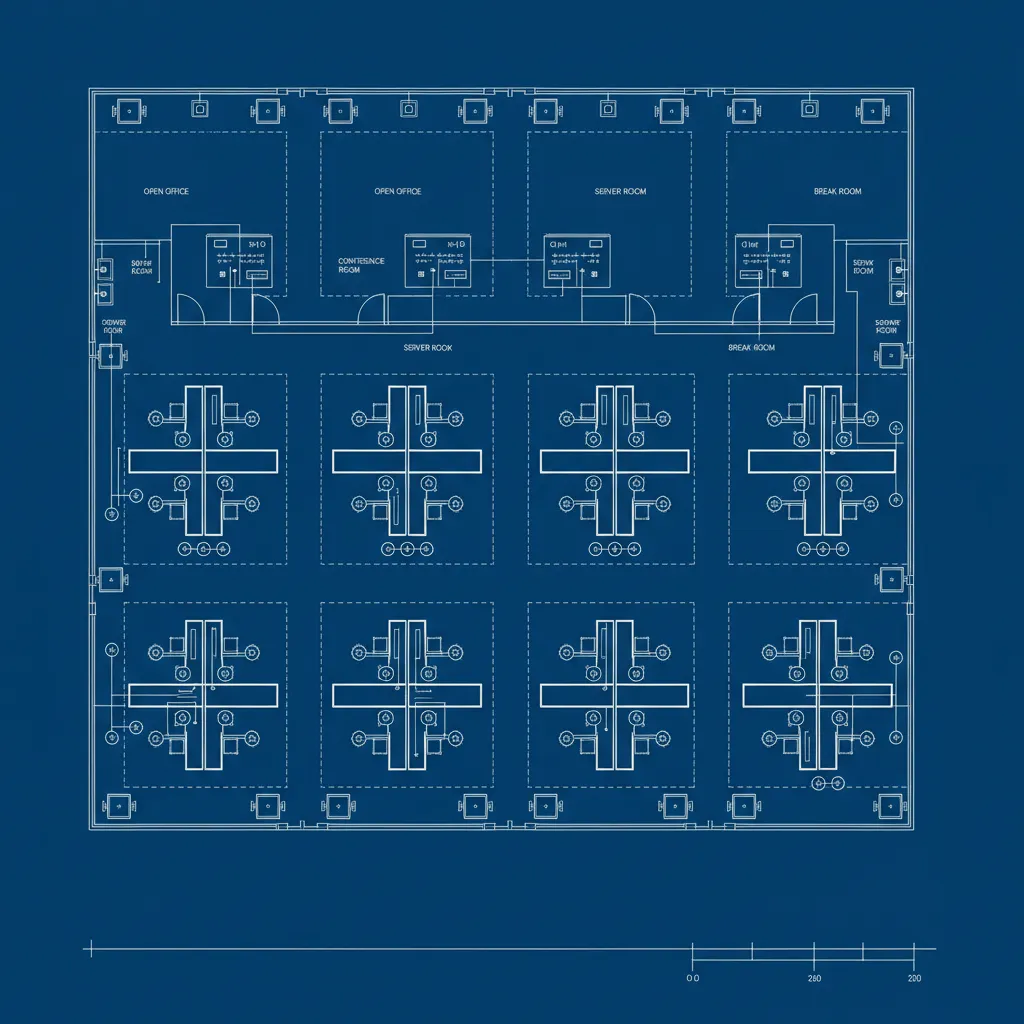 Commercial office electrical layout showing floor boxes circuits and lighting
