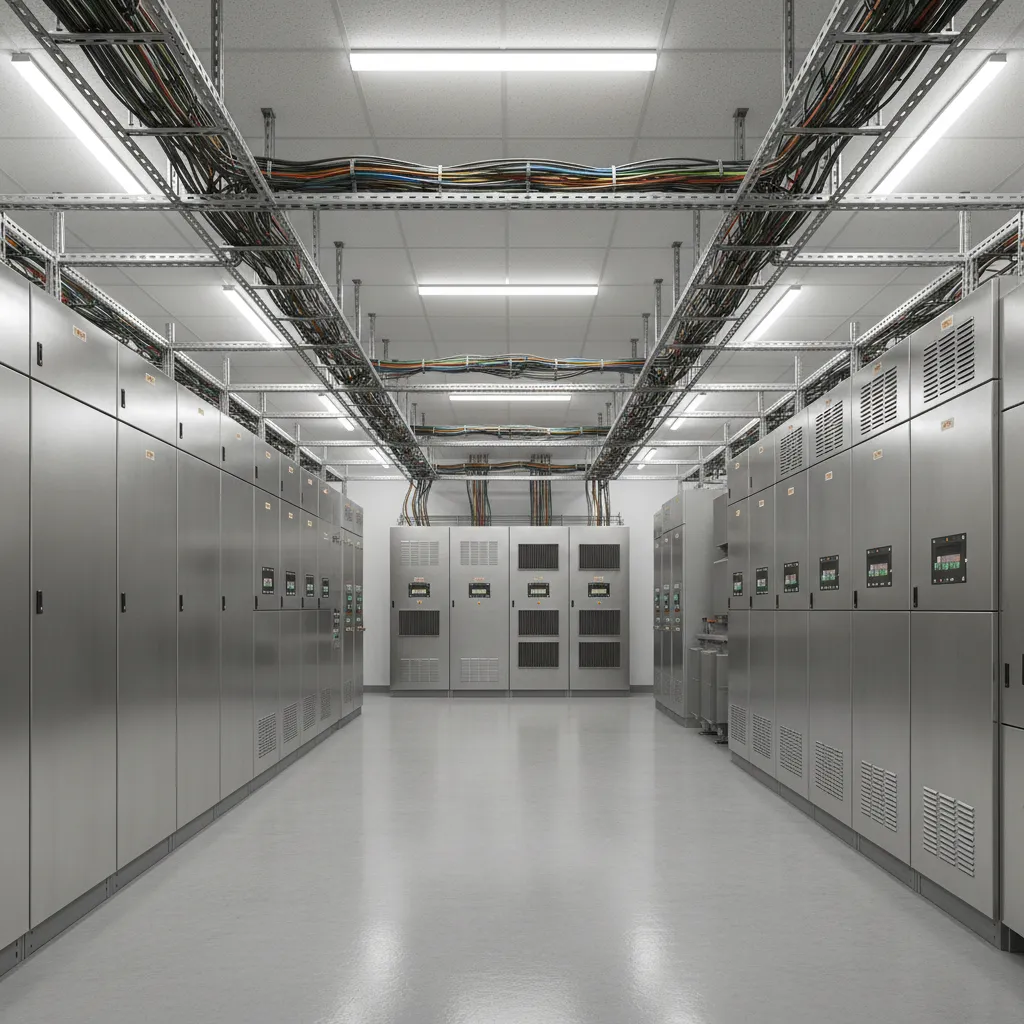 Commercial electrical room with panels cable trays and equipment