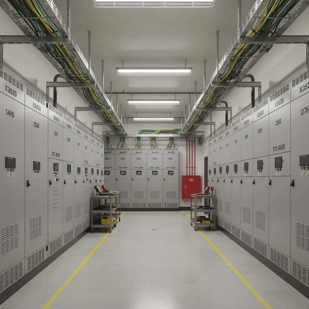 commercial building electrical room with panels and distribution boards