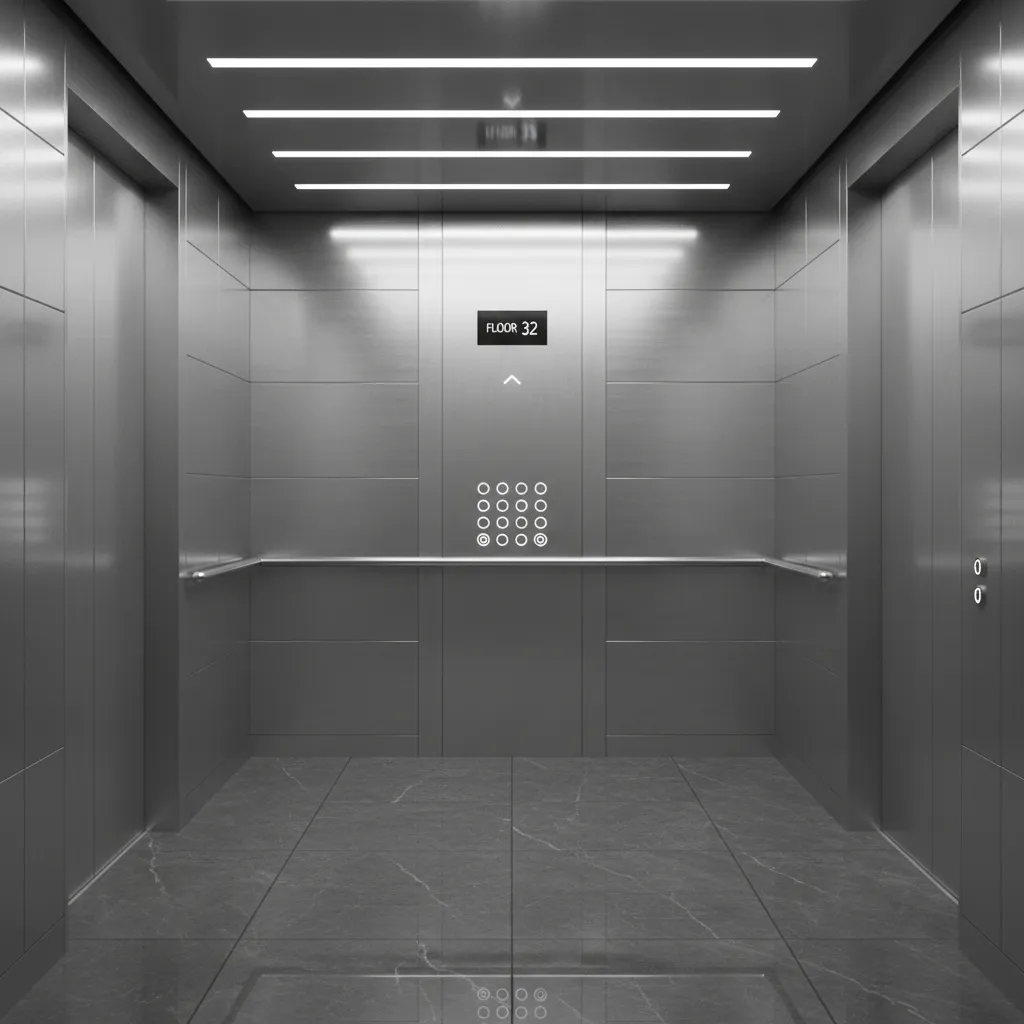 Commercial elevator interior with stainless steel panels and linear lighting