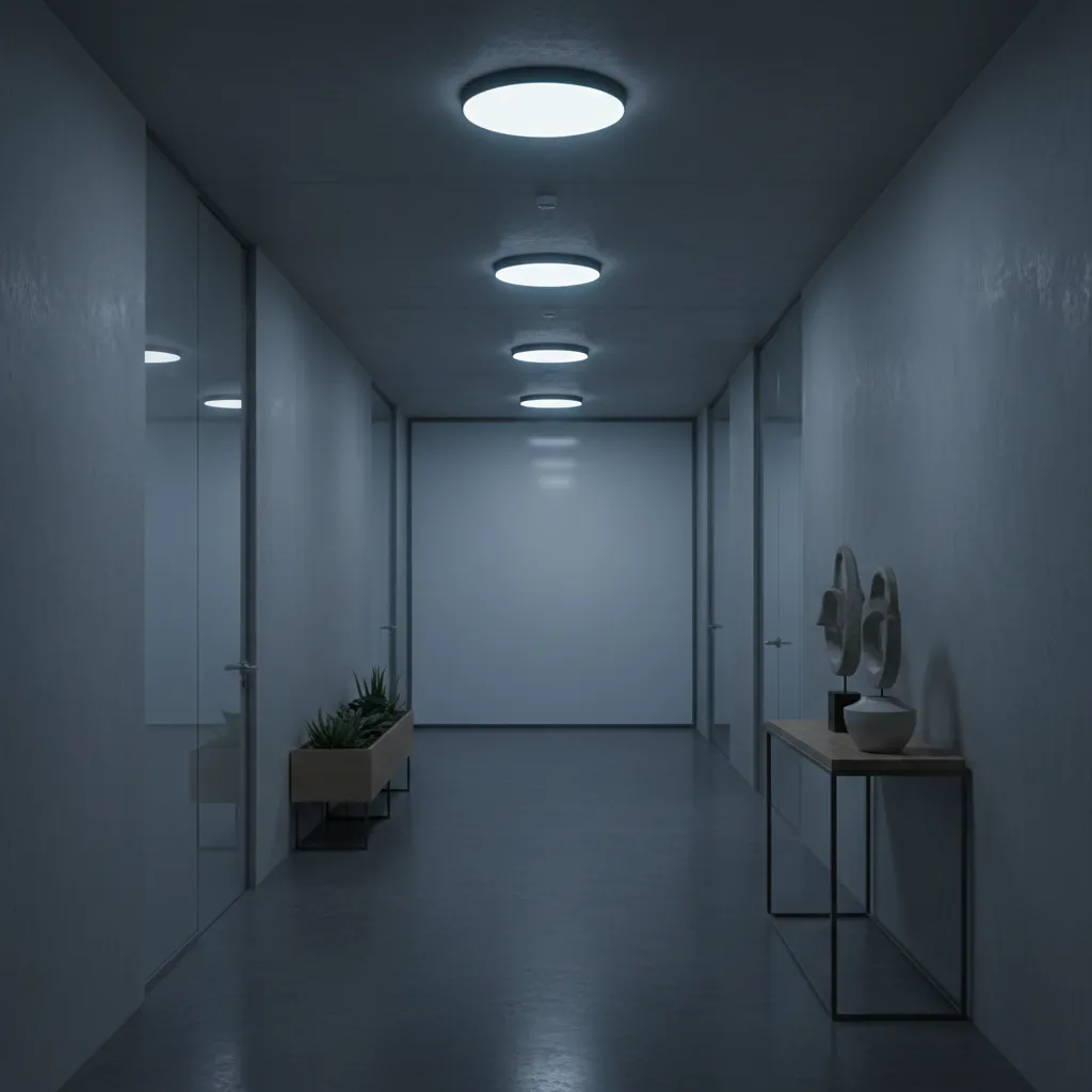 Rechargeable bulb lighting a small office corridor during a power outage