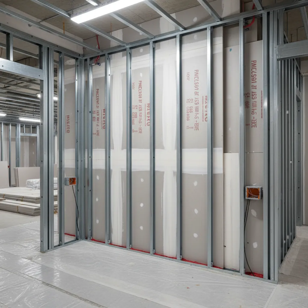 Commercial steel stud wall with double-layer fire-rated drywall installation