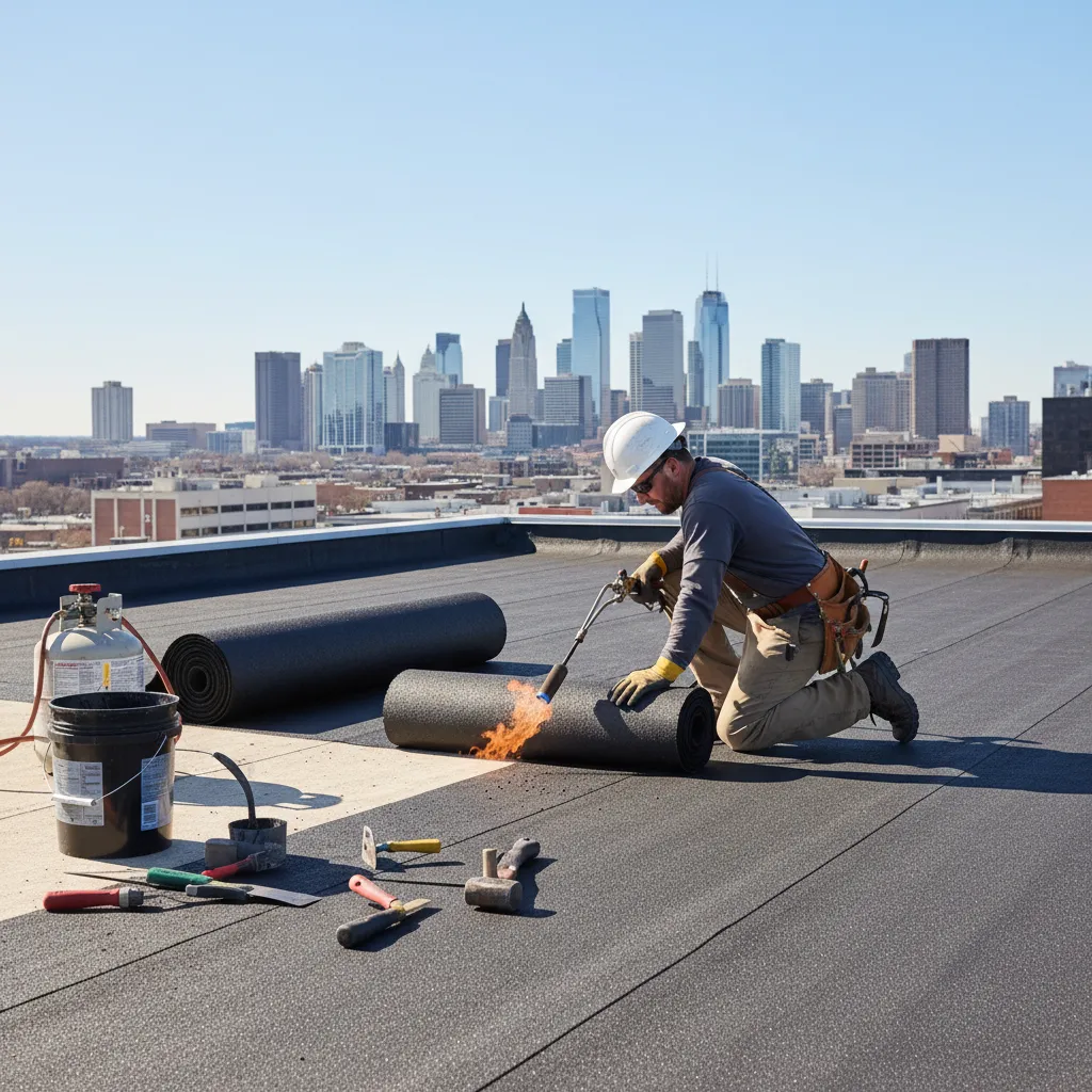 Contractor installing modified bitumen membrane on commercial flat roof