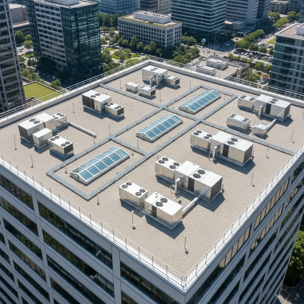 Overview of a commercial flat roof with HVAC systems and maintenance paths