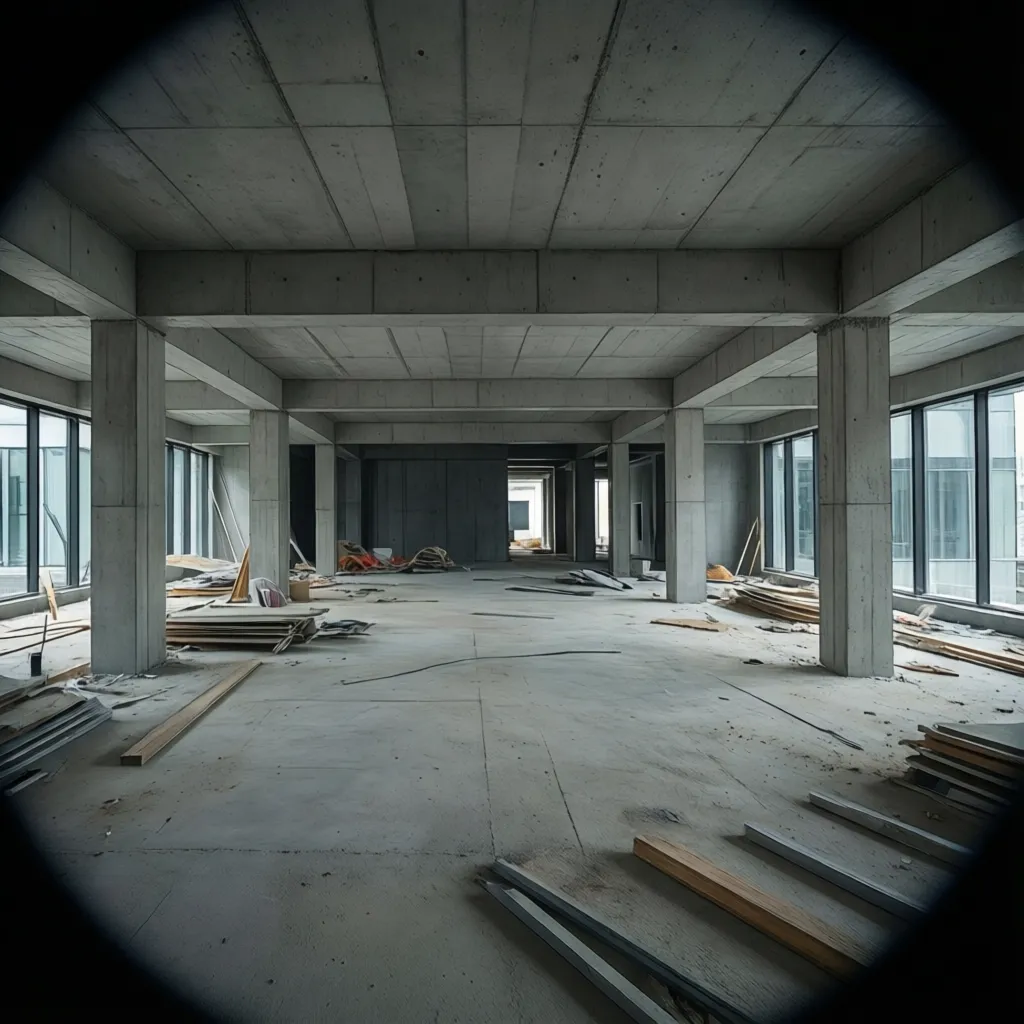 open commercial floor showing flat slab concrete ceiling supported by columns