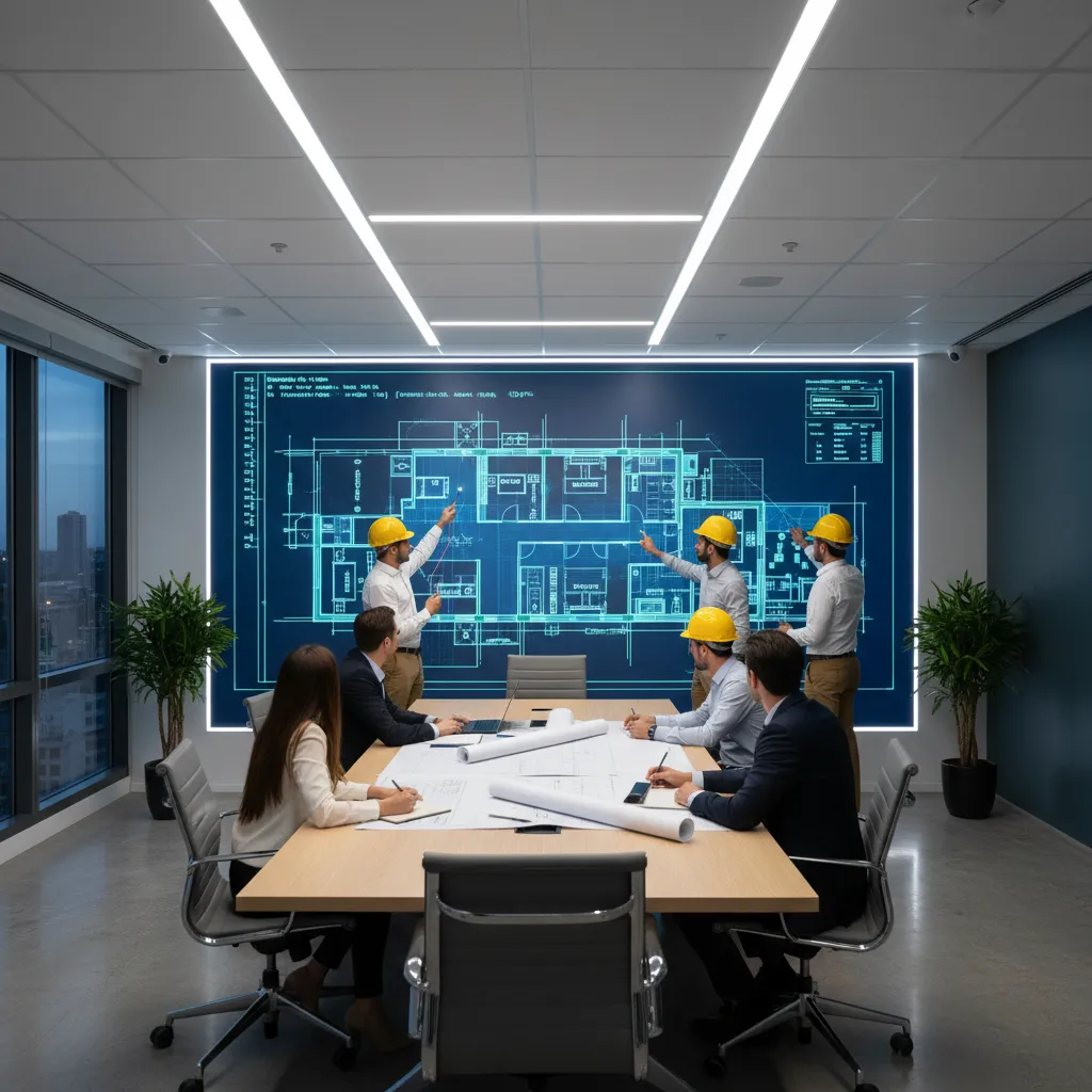 designers and contractors reviewing a commercial floor plan layout on a large screen