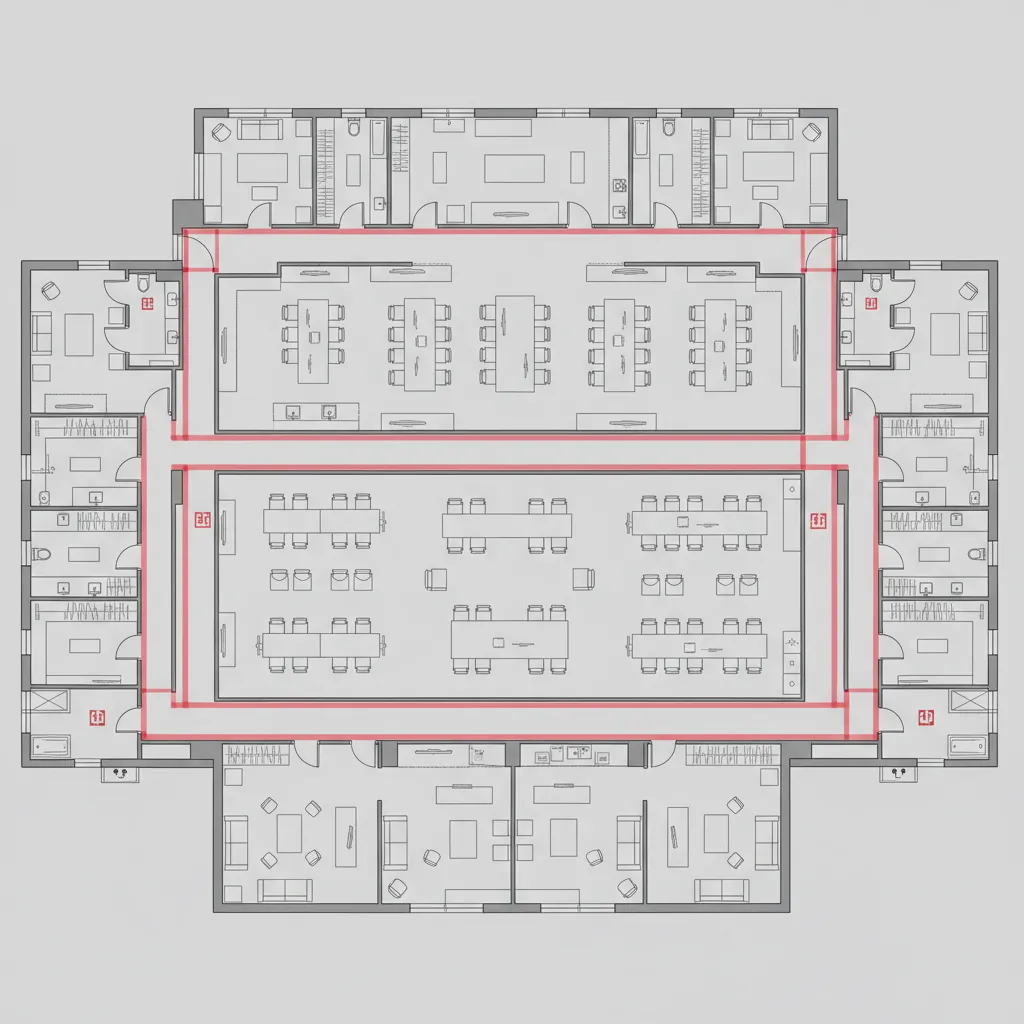 commercial floor plan showing multiple exit doors and evacuation paths