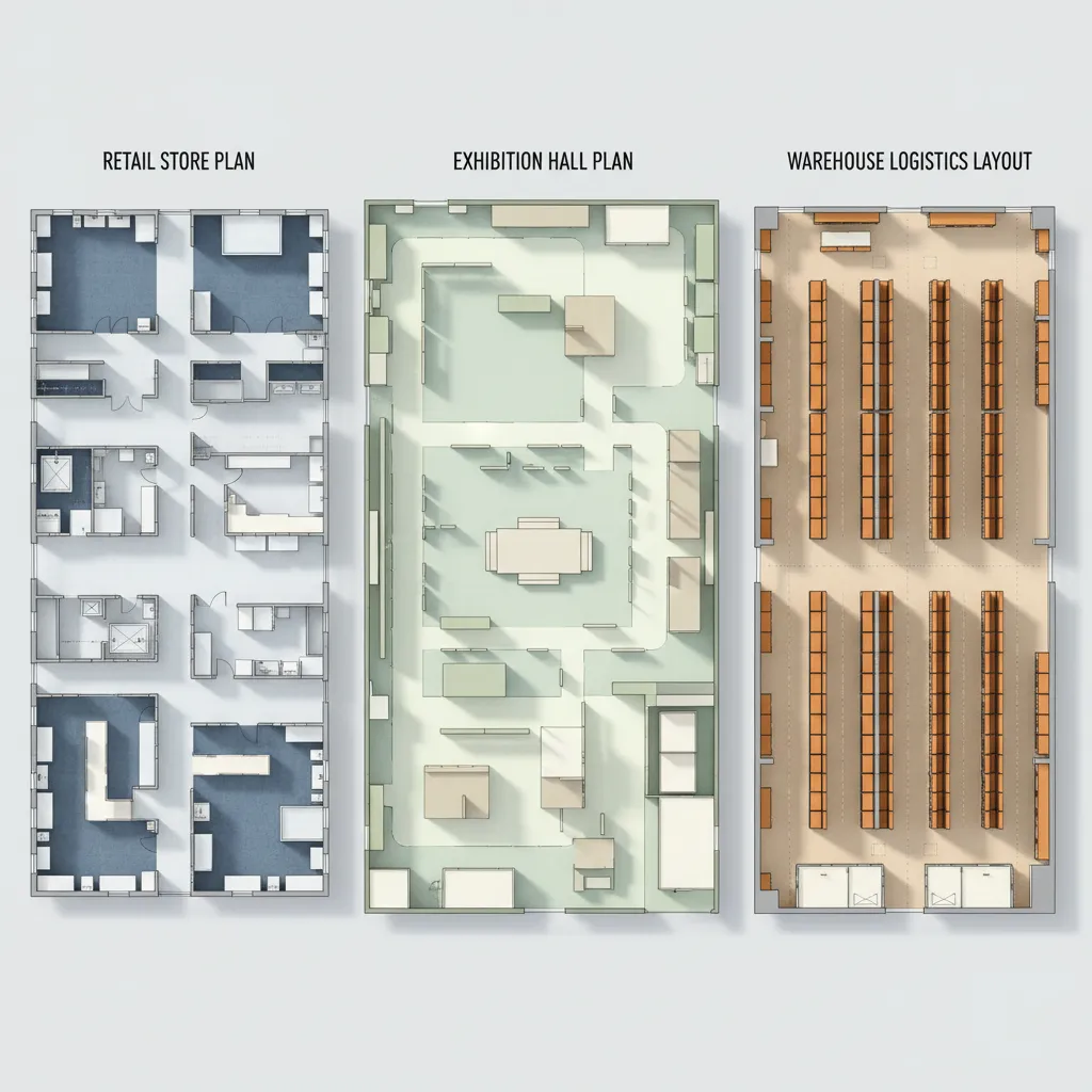 Side by side comparison of retail event and warehouse floor planning layouts