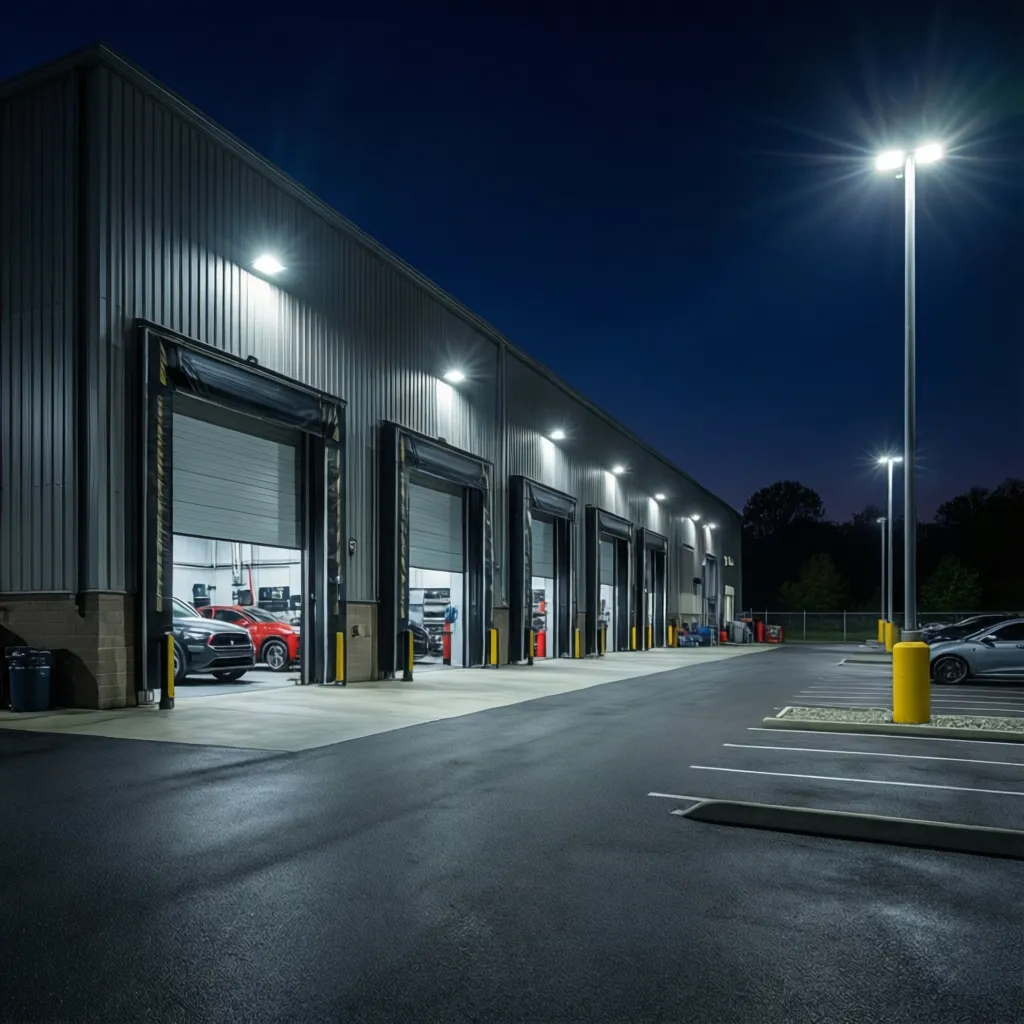 Automotive workshop exterior at night with LED lighting illuminating service bays